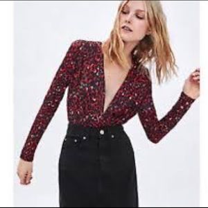 Zara Red Leopard Print Long Sleeve Bodysuit